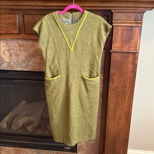 Vintage green short cap sleeve dress embroidered details retro mod atomic 60s M